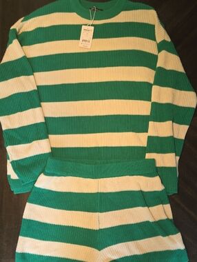 Striped Green and Cream Knit Two-Piece Set
